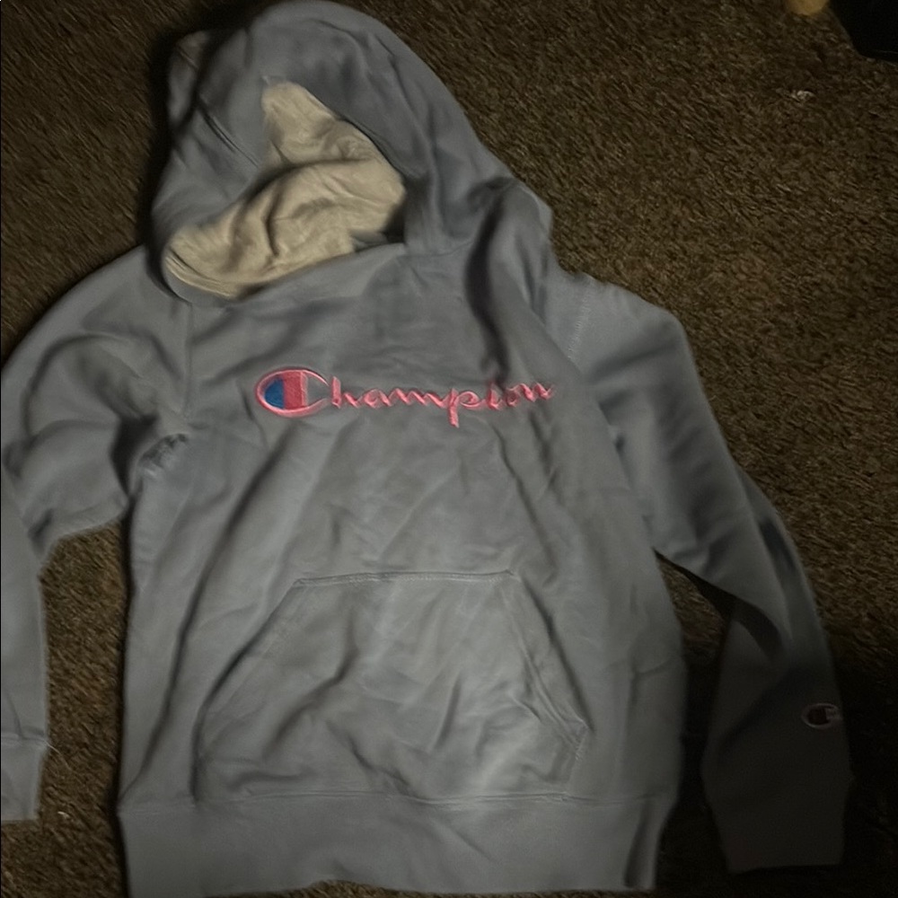 Champion Light Blue Hoodie with Pink Logo